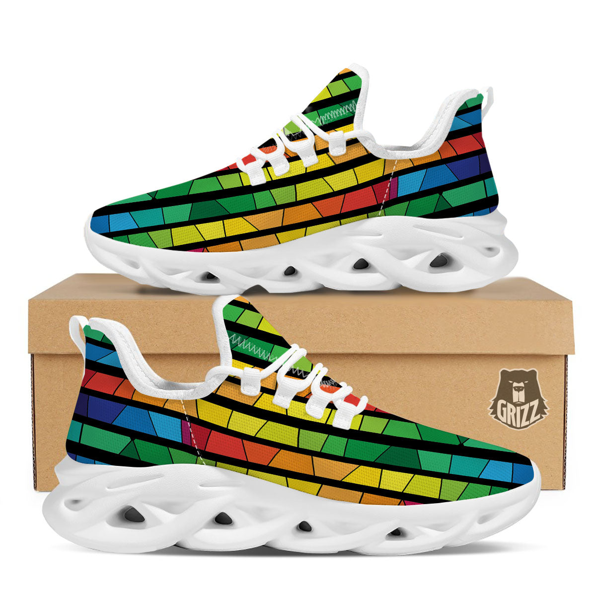 Square Stained Glass Mosaic Print White Running Shoes-grizzshop