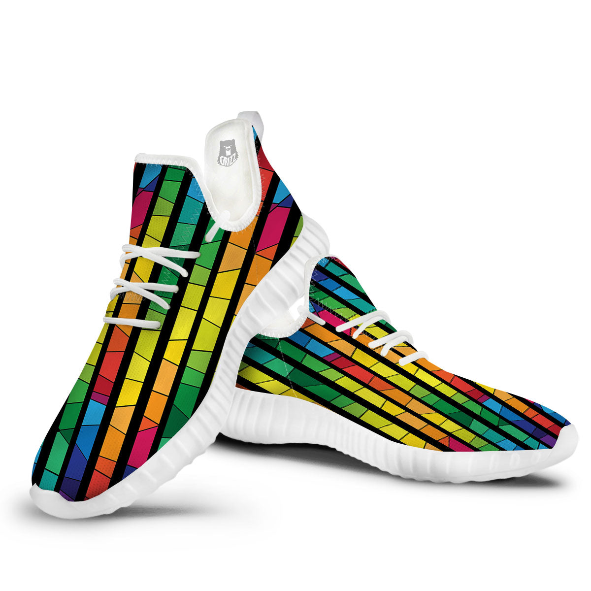 Square Stained Glass Mosaic Print White Walking Shoes-grizzshop