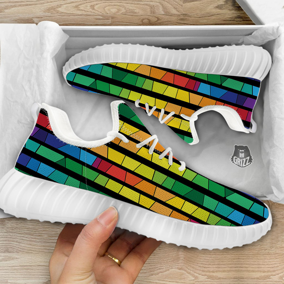 Square Stained Glass Mosaic Print White Walking Shoes-grizzshop