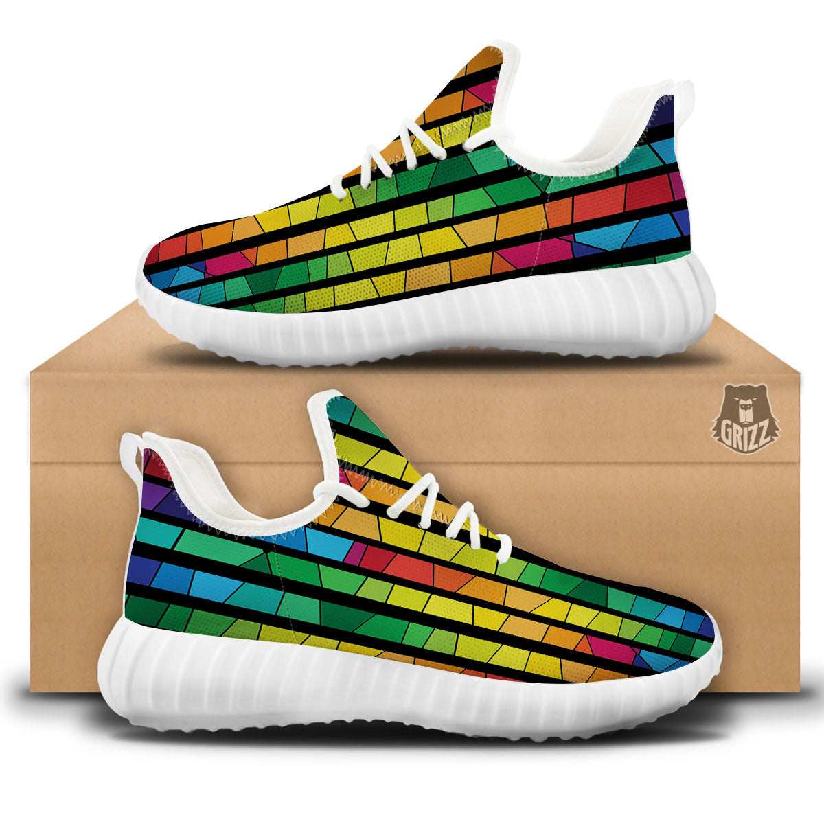 Square Stained Glass Mosaic Print White Walking Shoes-grizzshop