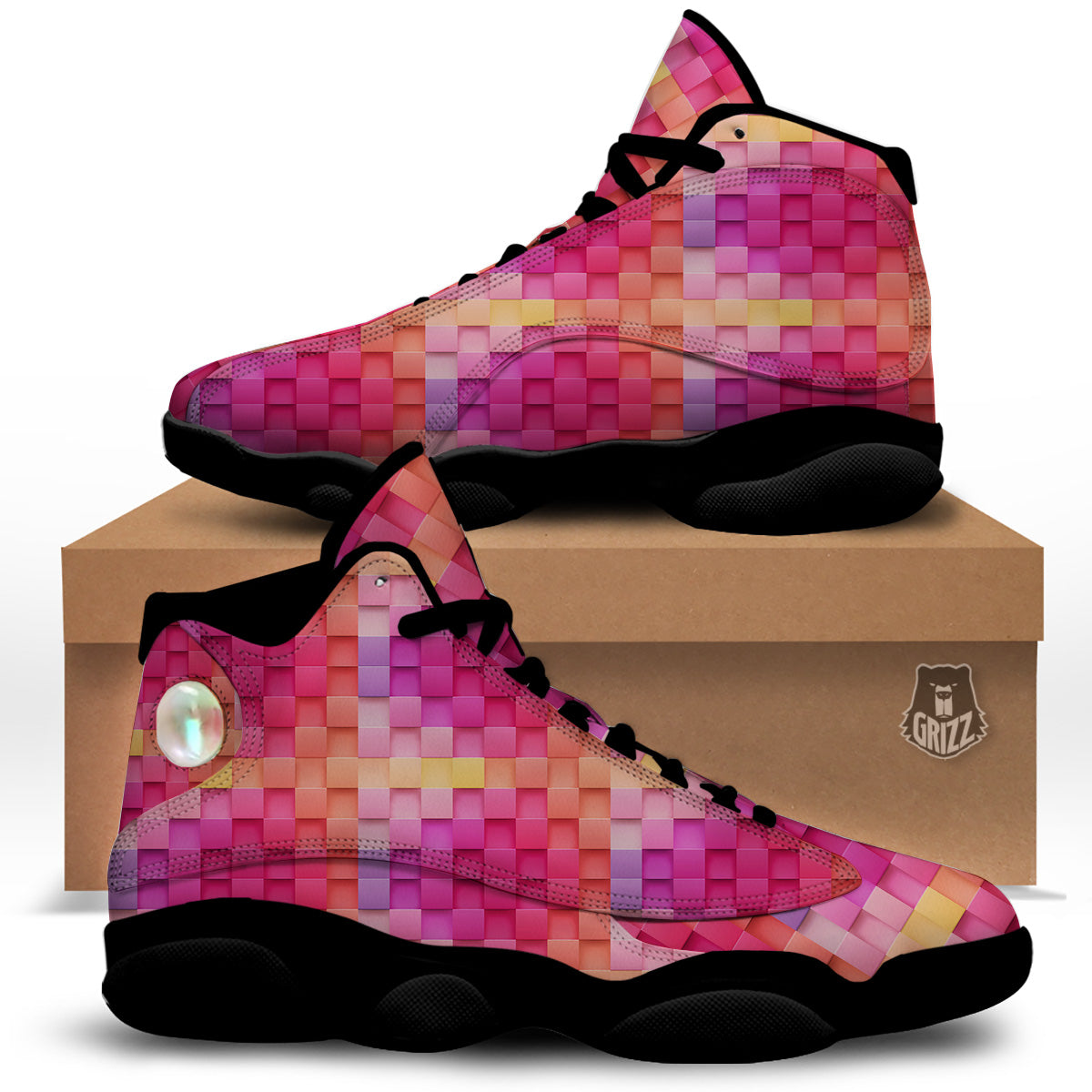 Square Tile 3D Colorful Print Pattern Black Basketball Shoes-grizzshop