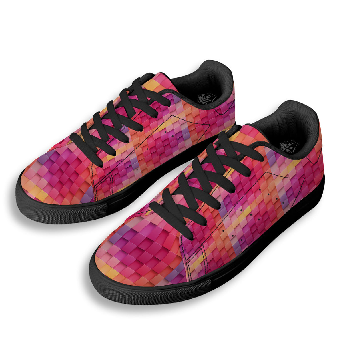 Square Tile 3D Colorful Print Pattern Black Low Top Sneakers-grizzshop