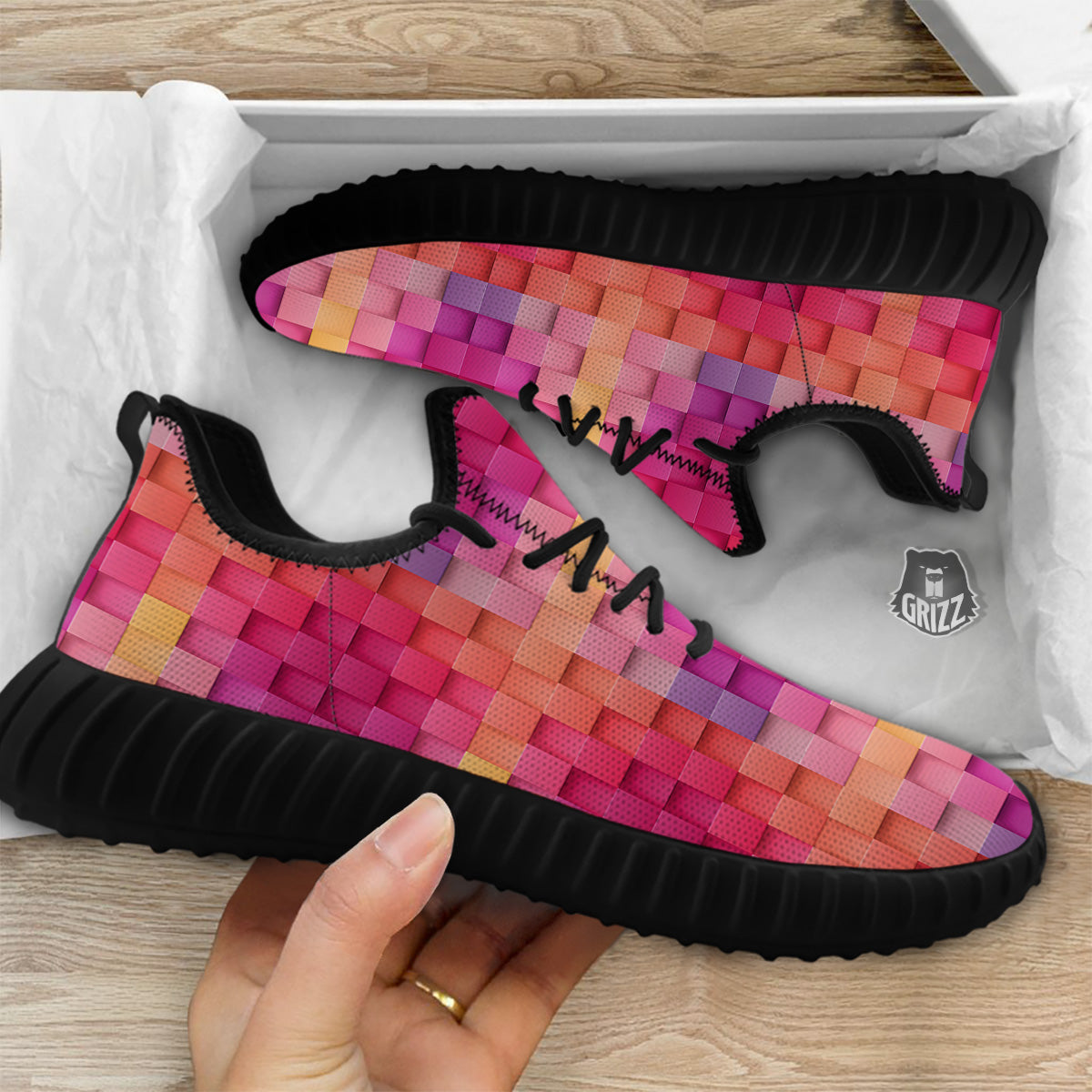 Square Tile 3D Colorful Print Pattern Black Walking Shoes-grizzshop