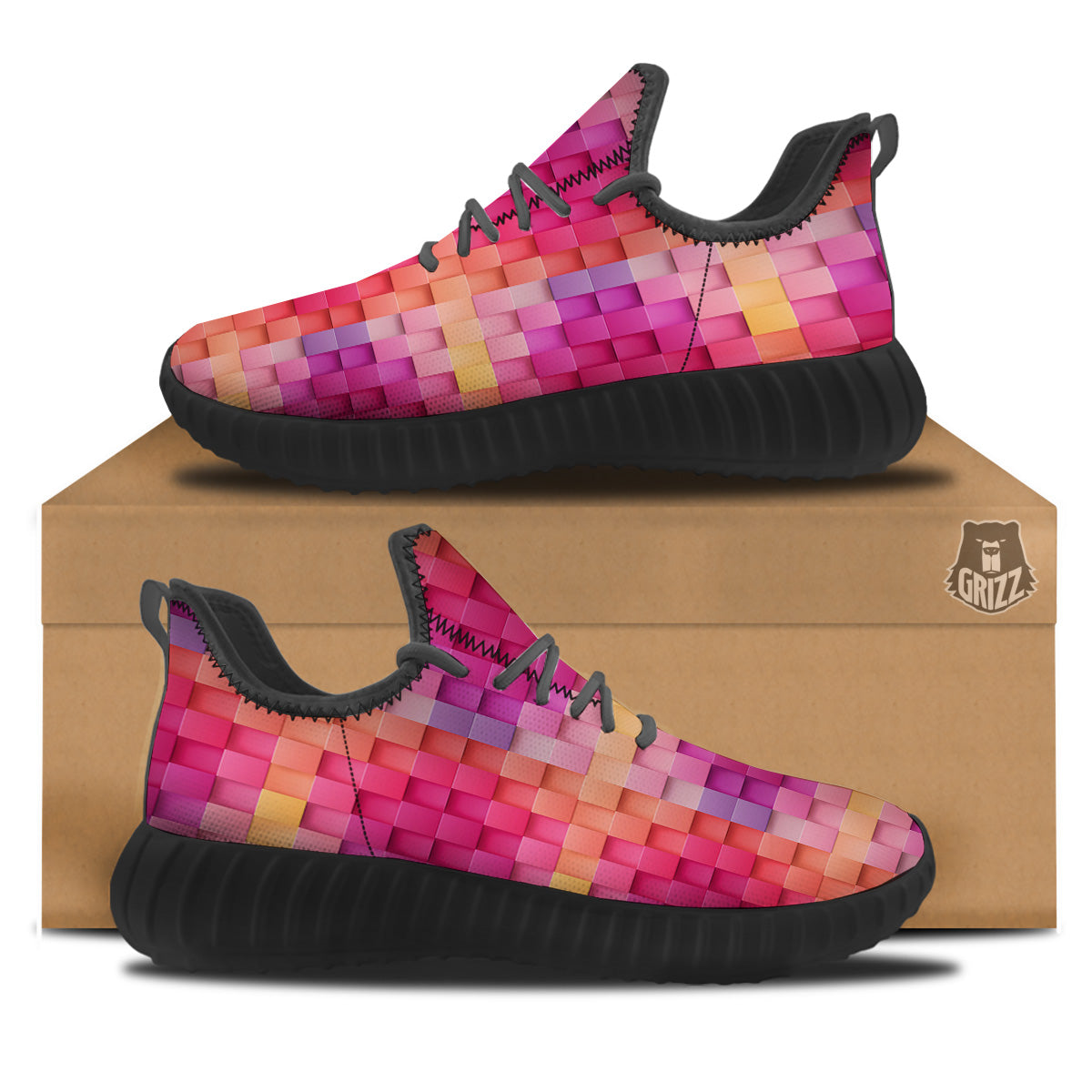 Square Tile 3D Colorful Print Pattern Black Walking Shoes-grizzshop