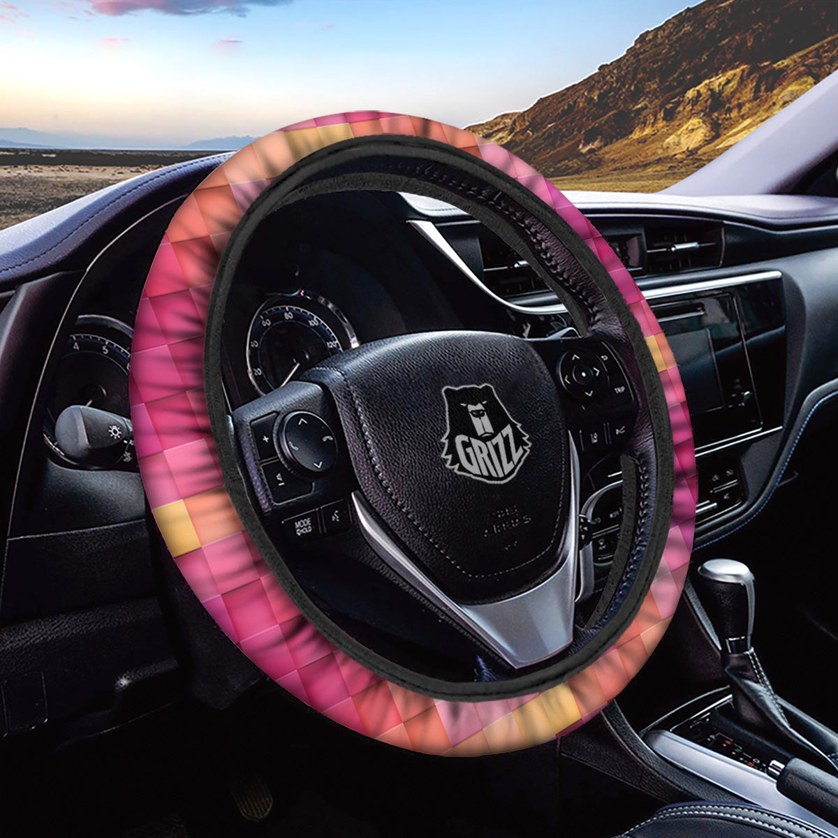 Square Tile 3D Colorful Print Pattern Car Steering Wheel Cover-grizzshop