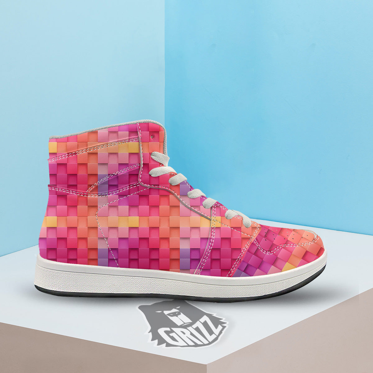 Square Tile 3D Colorful Print Pattern High Top Sneakers-grizzshop