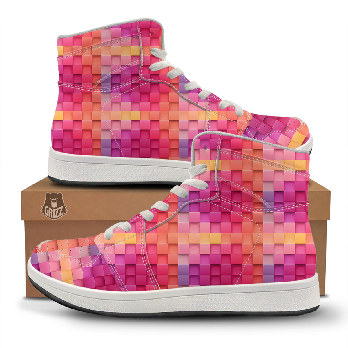 Square Tile 3D Colorful Print Pattern High Top Sneakers-grizzshop