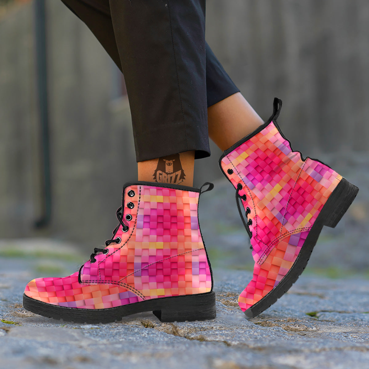 Square Tile 3D Colorful Print Pattern Leather Boots-grizzshop