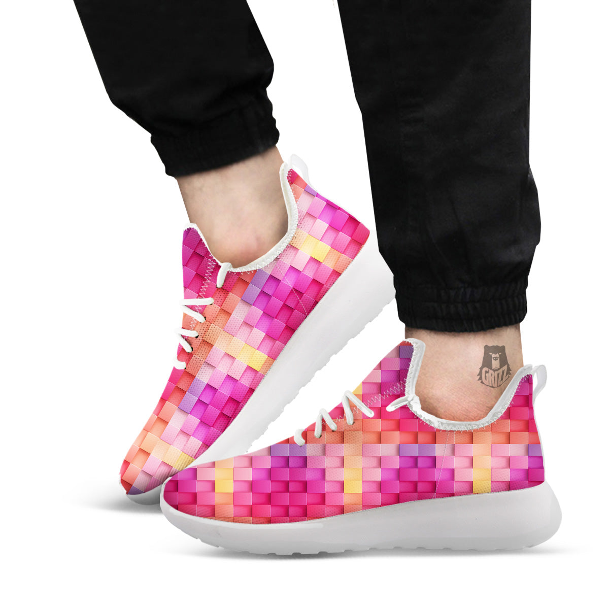 Square Tile 3D Colorful Print Pattern White Athletic Shoes-grizzshop
