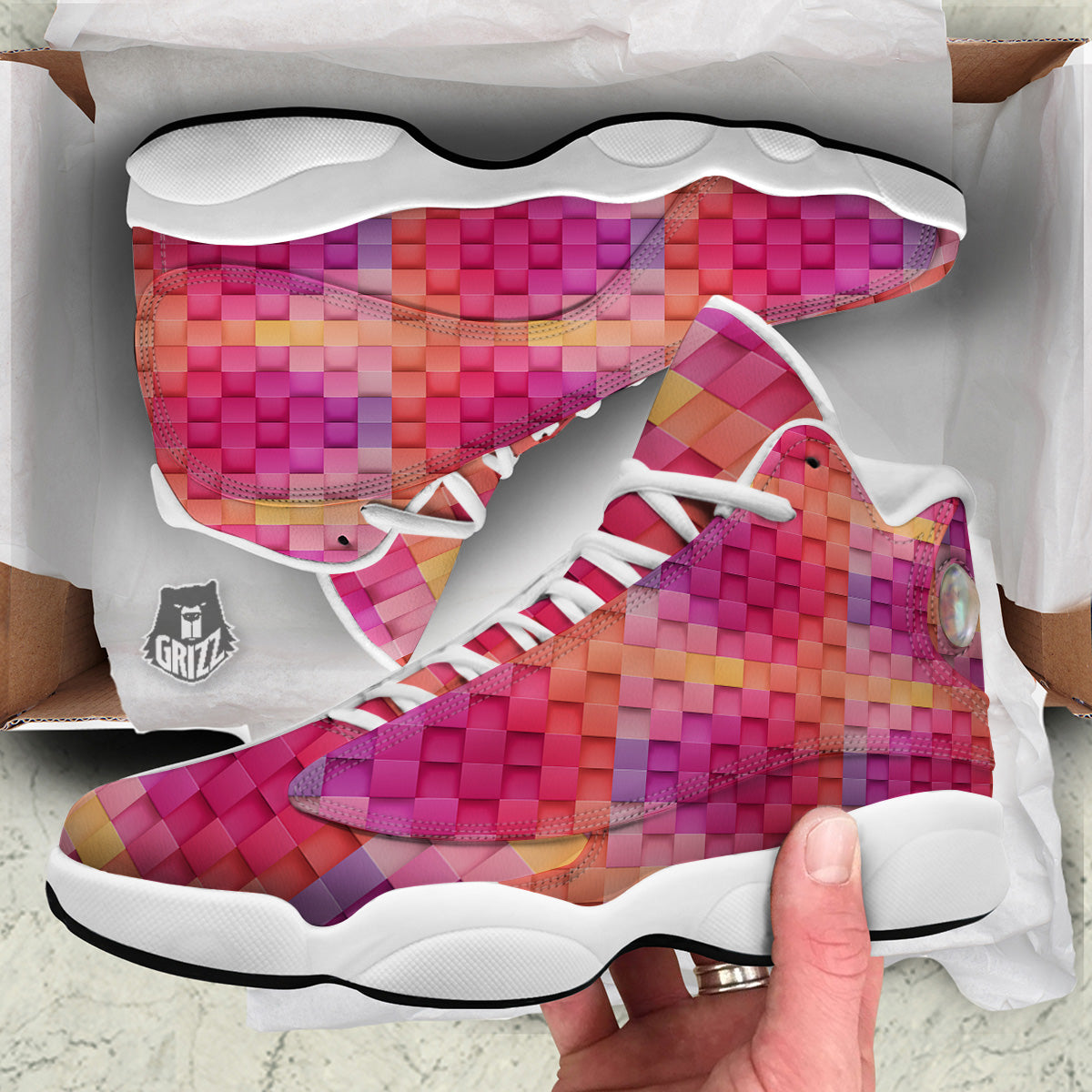 Square Tile 3D Colorful Print Pattern White Basketball Shoes-grizzshop