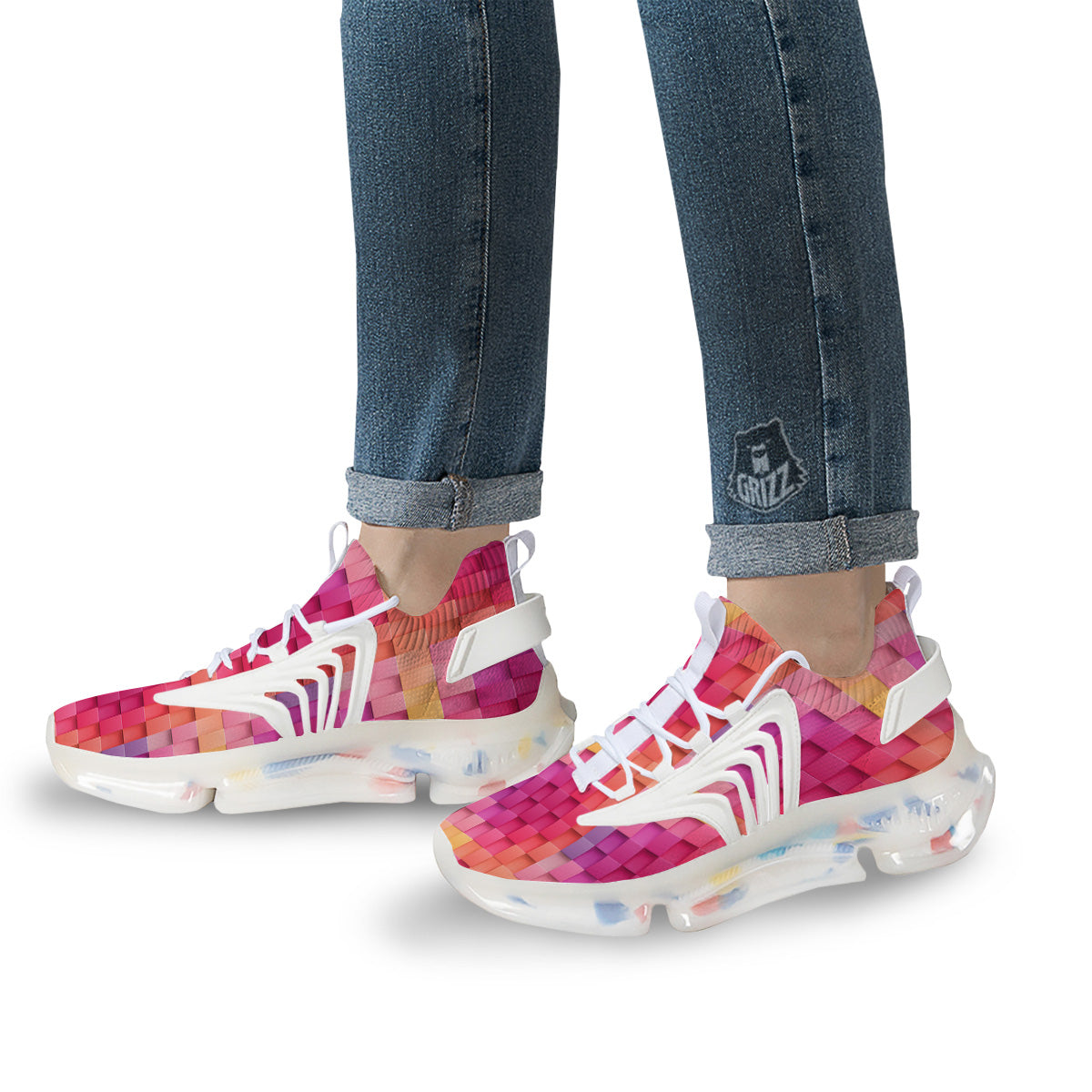 Square Tile 3D Colorful Print Pattern White Gym Shoes-grizzshop