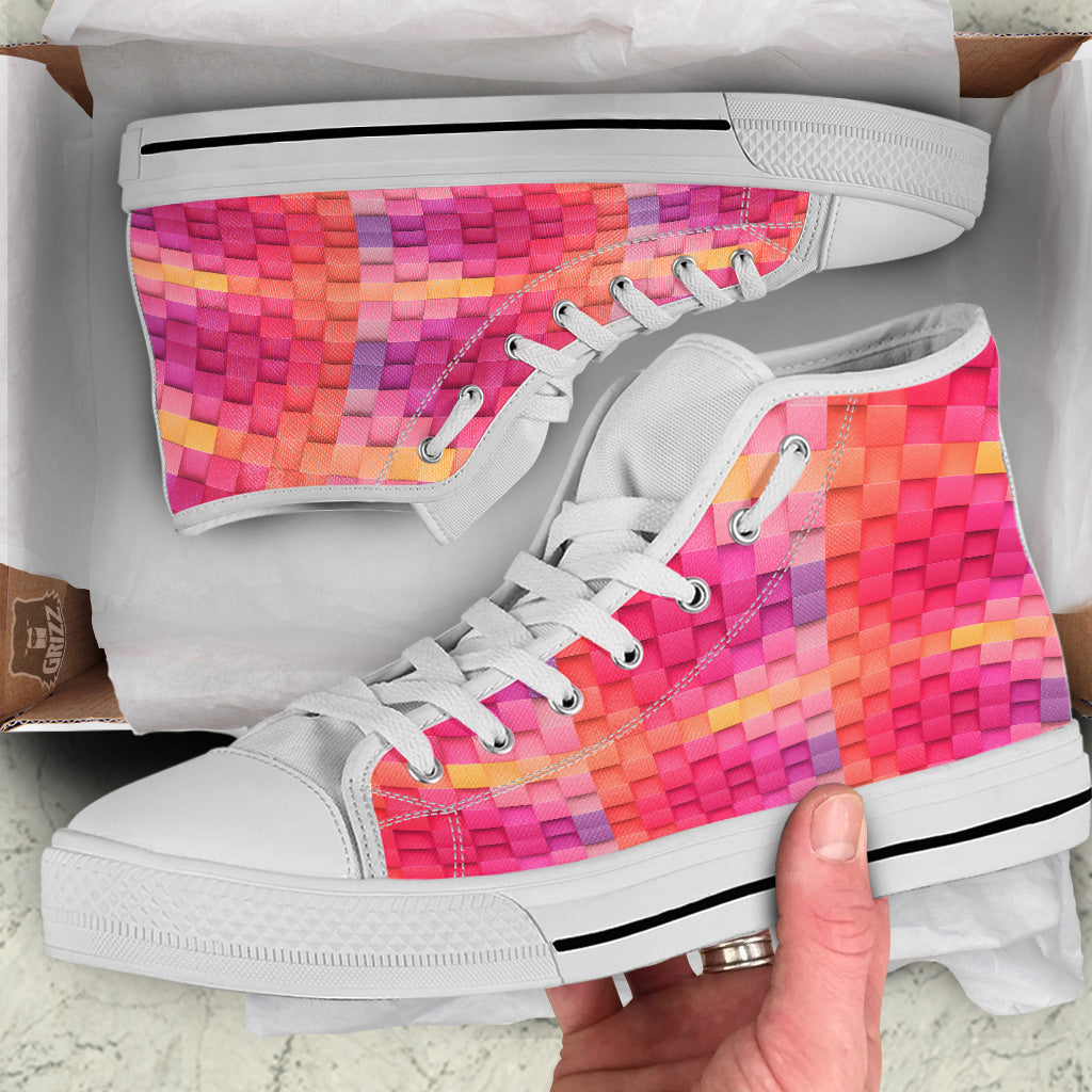 Square Tile 3D Colorful Print Pattern White High Top Shoes-grizzshop
