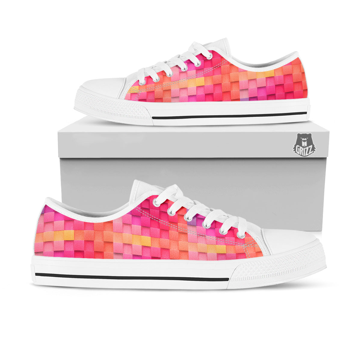 Square Tile 3D Colorful Print Pattern White Low Top Shoes-grizzshop