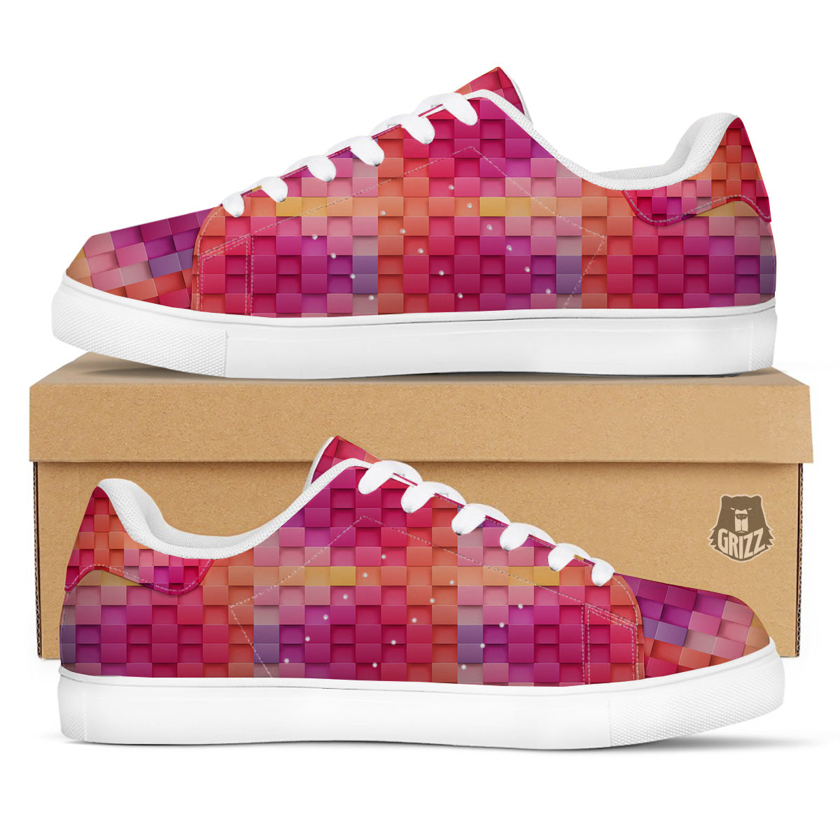 Square Tile 3D Colorful Print Pattern White Low Top Sneakers-grizzshop