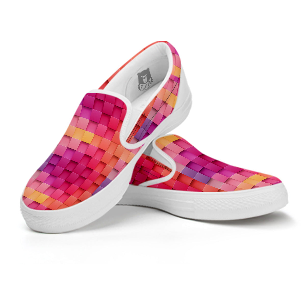 Square Tile 3D Colorful Print Pattern White Slip On Shoes-grizzshop