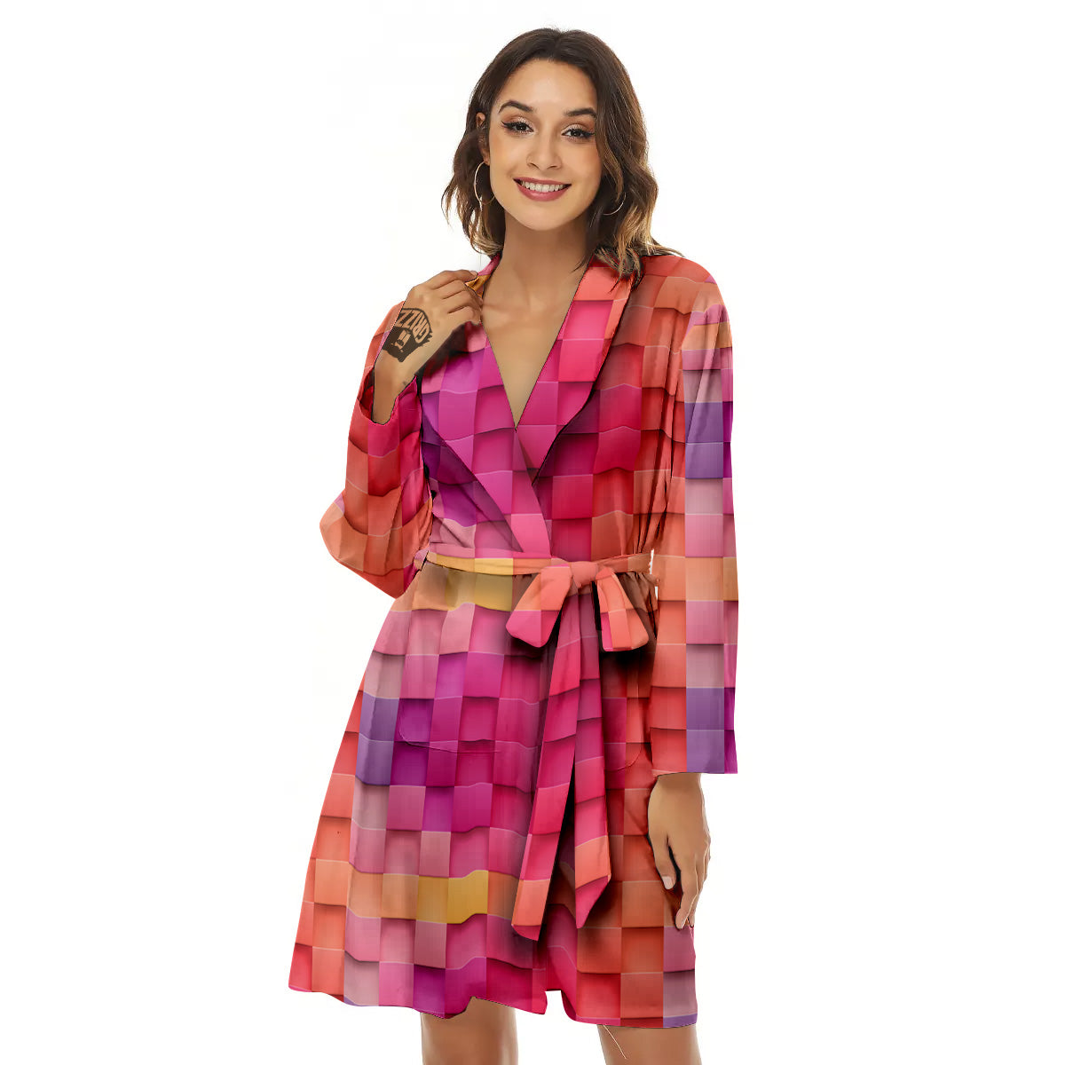 Square Tile 3D Colorful Print Pattern Women's Robe-grizzshop