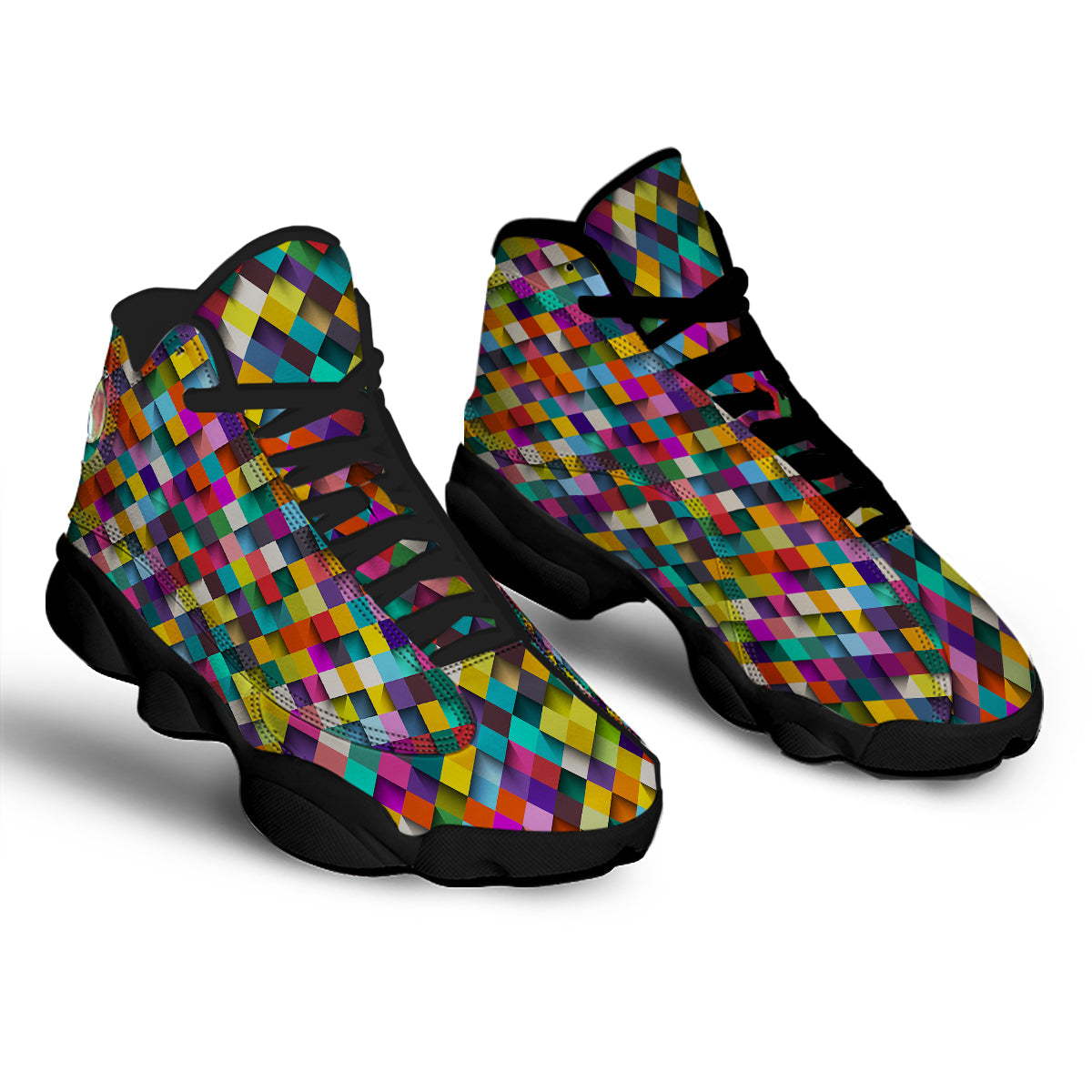 Squares 3D Colorful Print Pattern Black Basketball Shoes-grizzshop