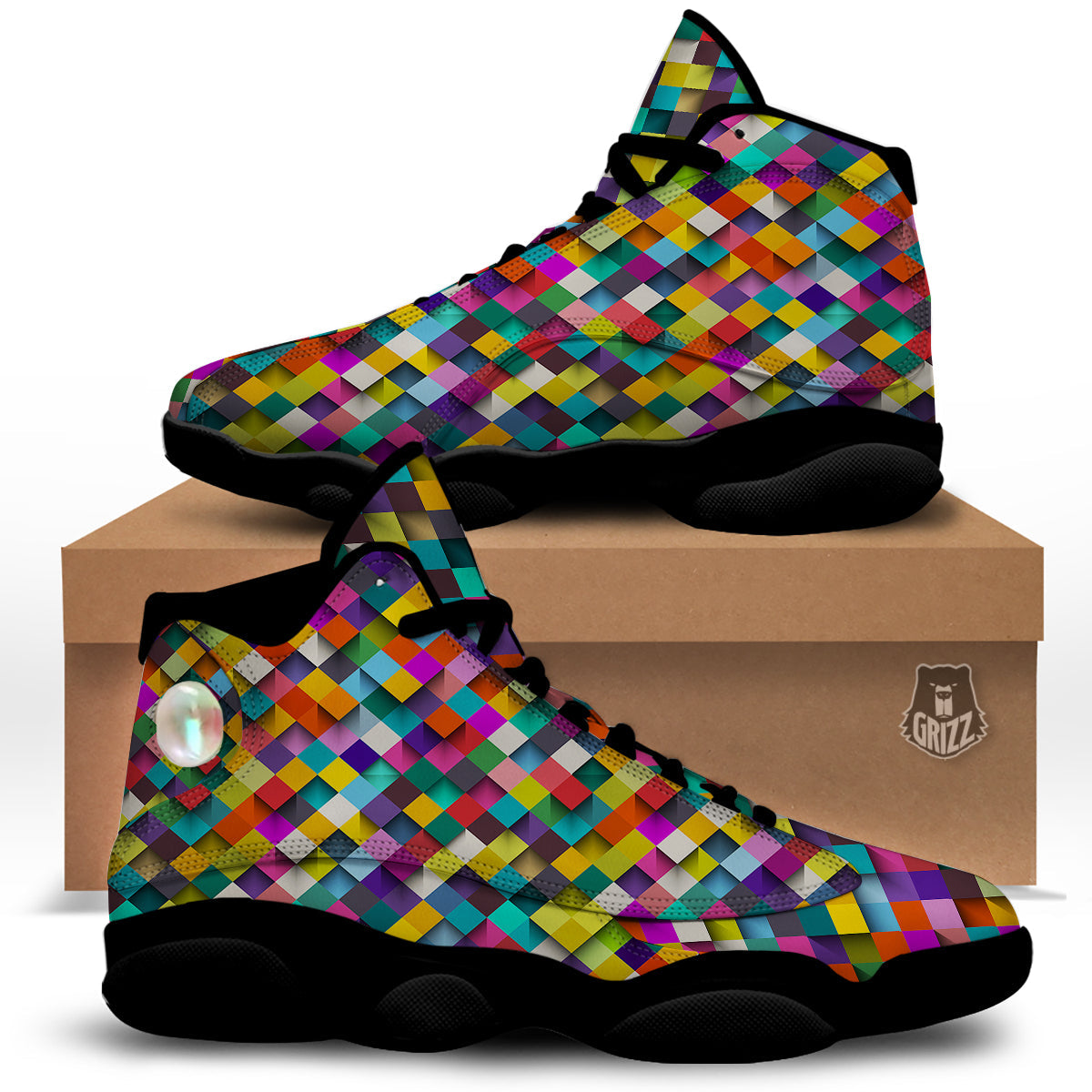 Squares 3D Colorful Print Pattern Black Basketball Shoes-grizzshop