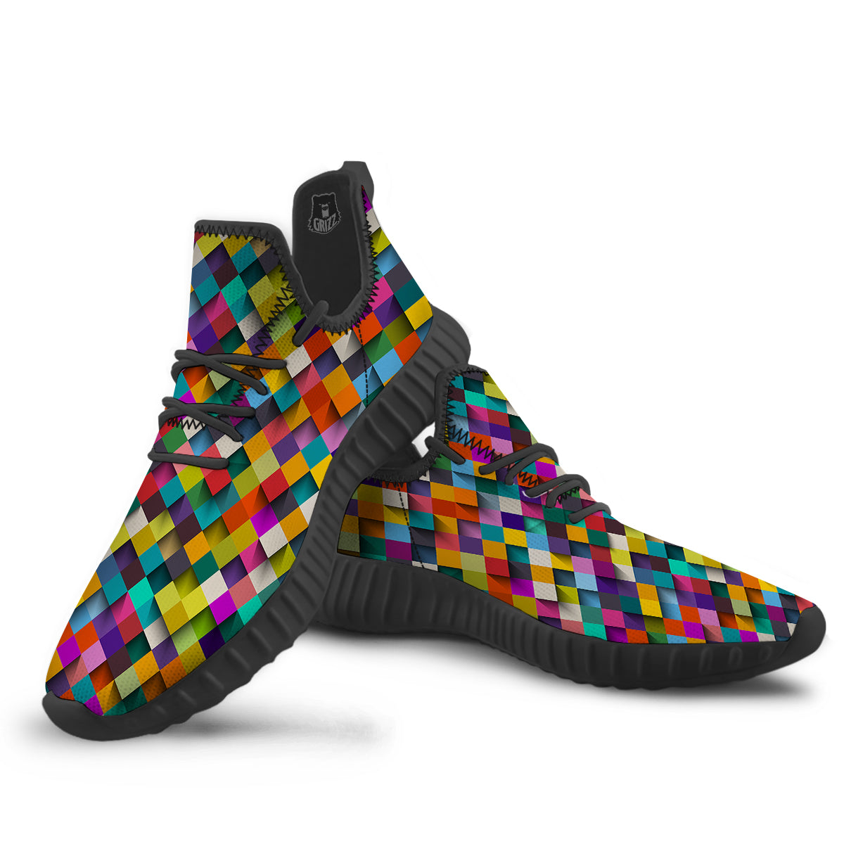 Squares 3D Colorful Print Pattern Black Walking Shoes-grizzshop