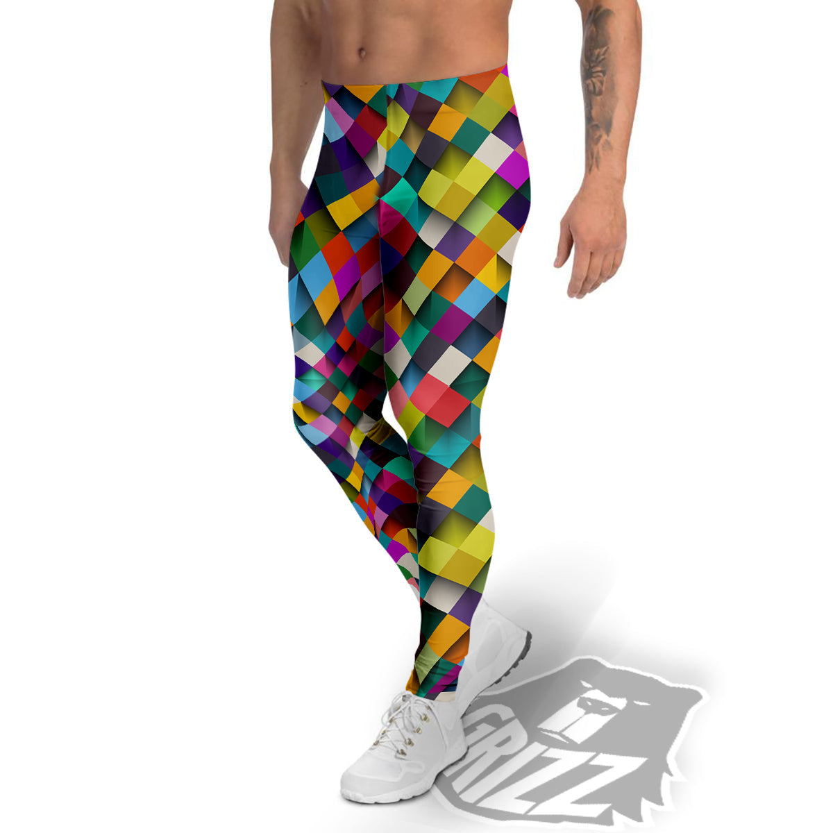 Squares 3D Colorful Print Pattern Men's Leggings-grizzshop