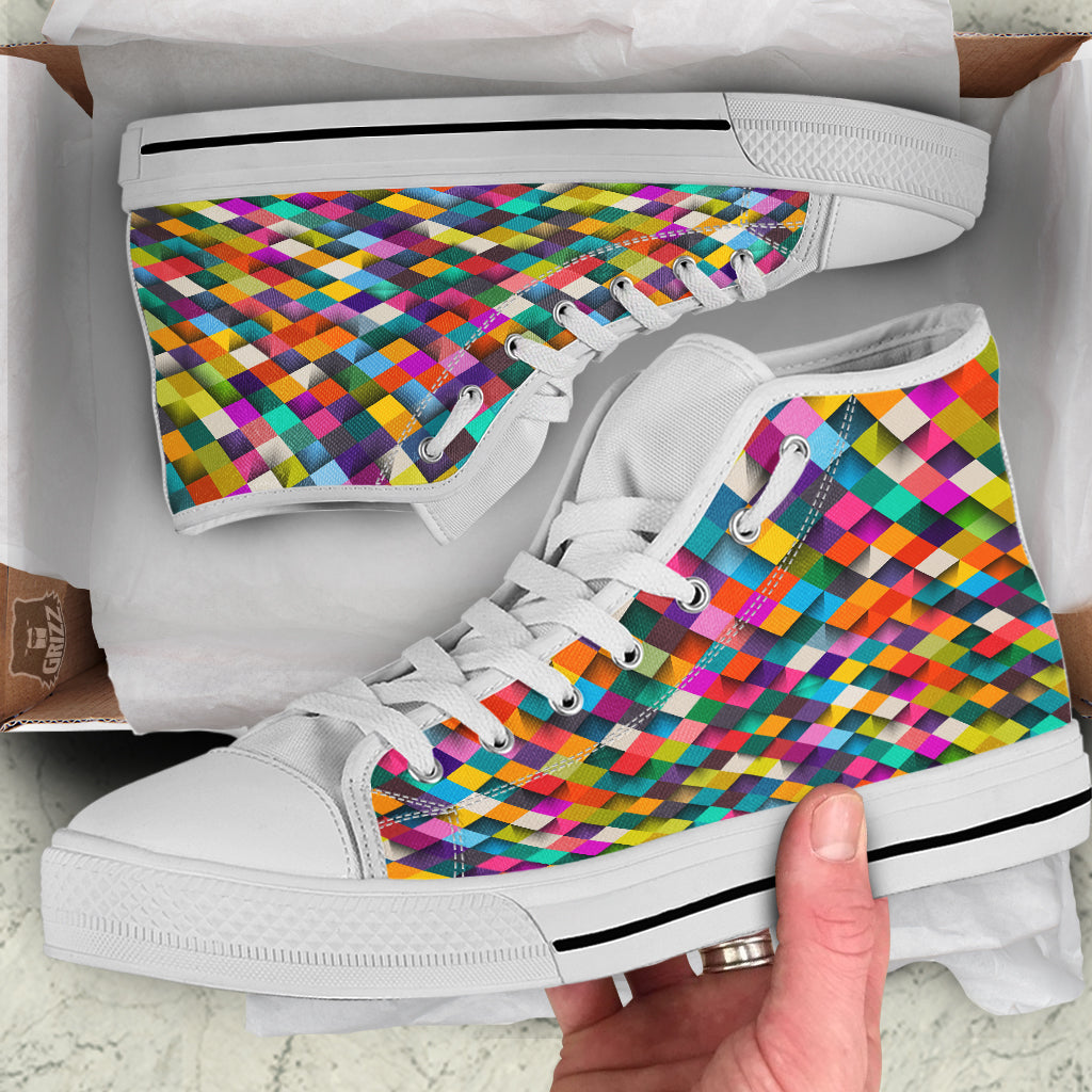 Squares 3D Colorful Print Pattern White High Top Shoes-grizzshop