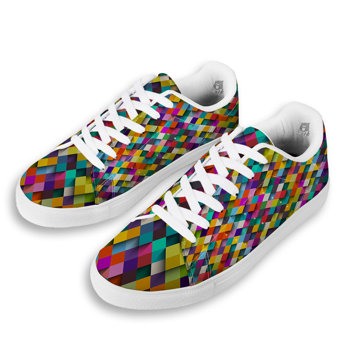 Squares 3D Colorful Print Pattern White Low Top Sneakers-grizzshop