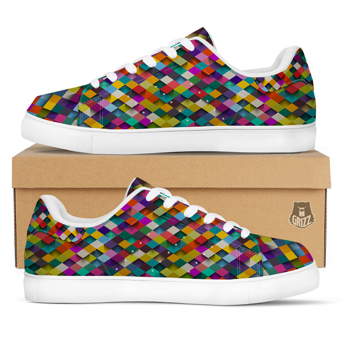 Squares 3D Colorful Print Pattern White Low Top Sneakers-grizzshop