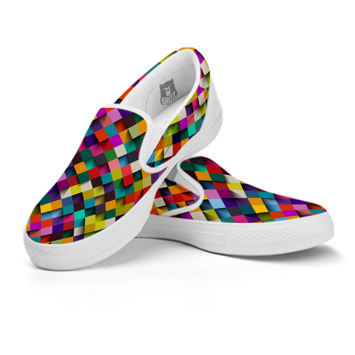 Squares 3D Colorful Print Pattern White Slip On Shoes-grizzshop