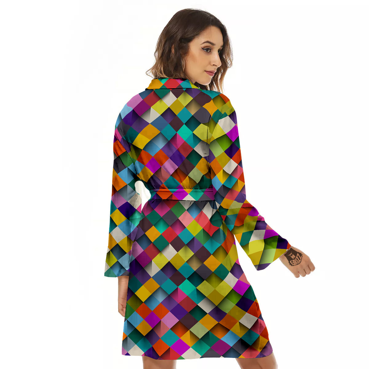 Squares 3D Colorful Print Pattern Women's Robe-grizzshop