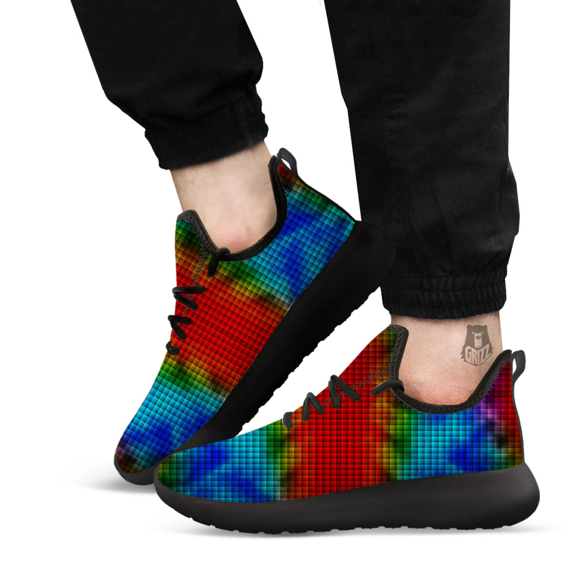 Squares Rainbow Print Pattern Black Athletic Shoes-grizzshop