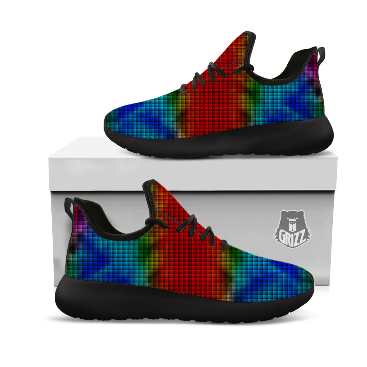 Squares Rainbow Print Pattern Black Athletic Shoes-grizzshop
