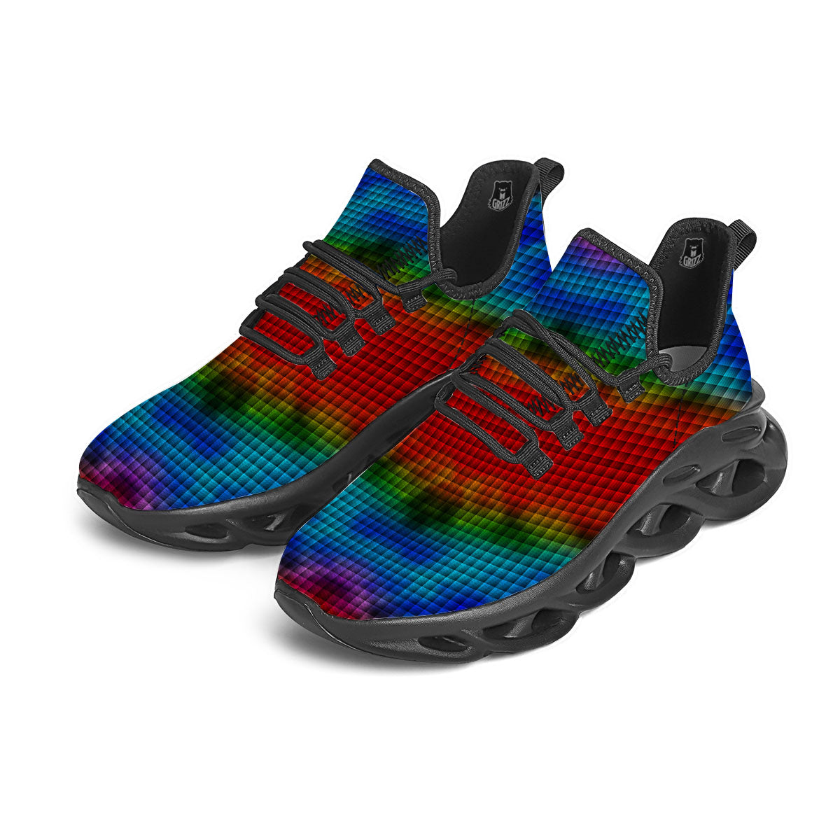 Squares Rainbow Print Pattern Black Running Shoes-grizzshop