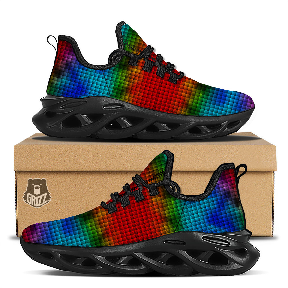 Squares Rainbow Print Pattern Black Running Shoes-grizzshop