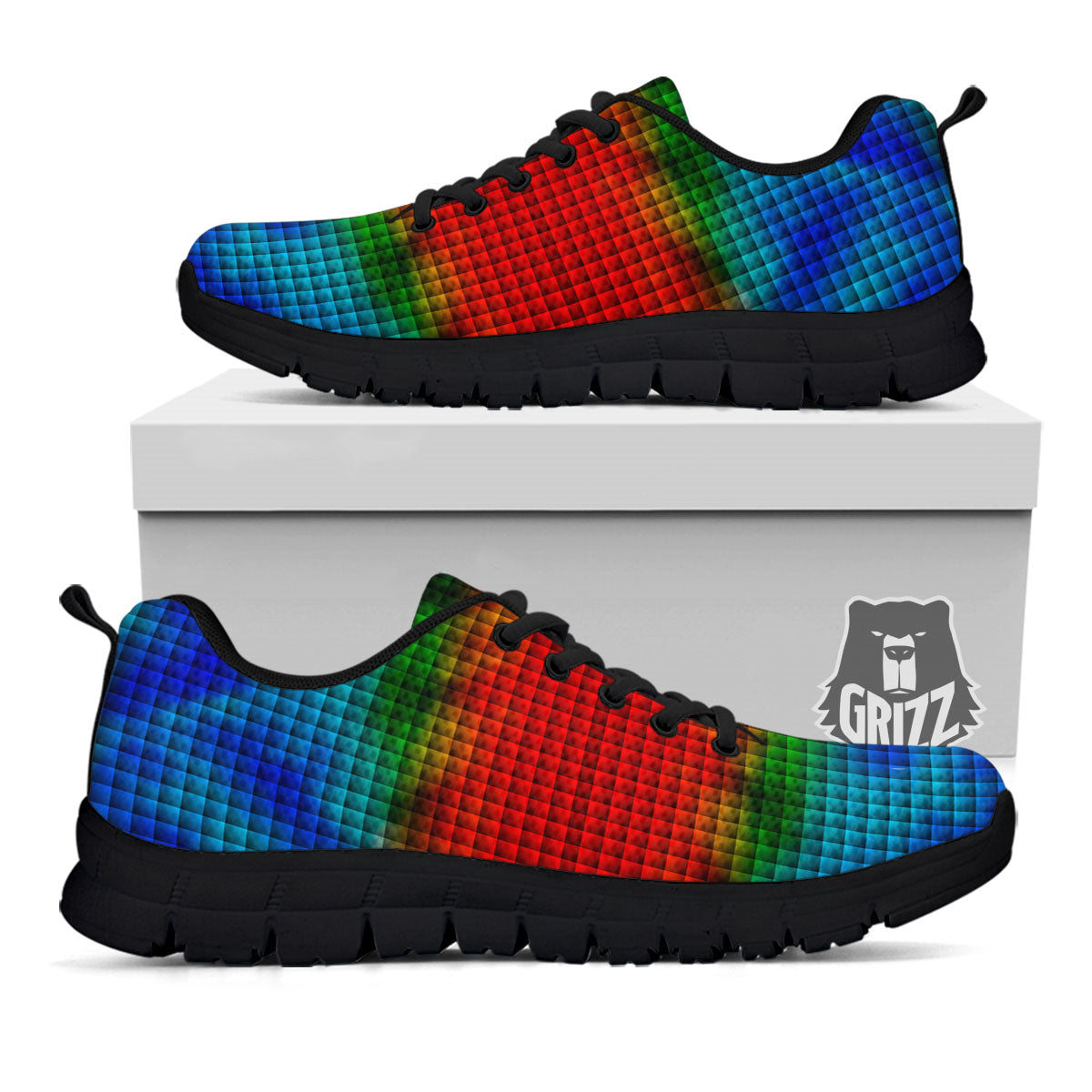 Squares Rainbow Print Pattern Black Sneaker-grizzshop