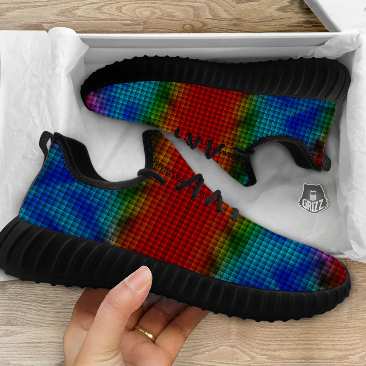 Squares Rainbow Print Pattern Black Walking Shoes-grizzshop