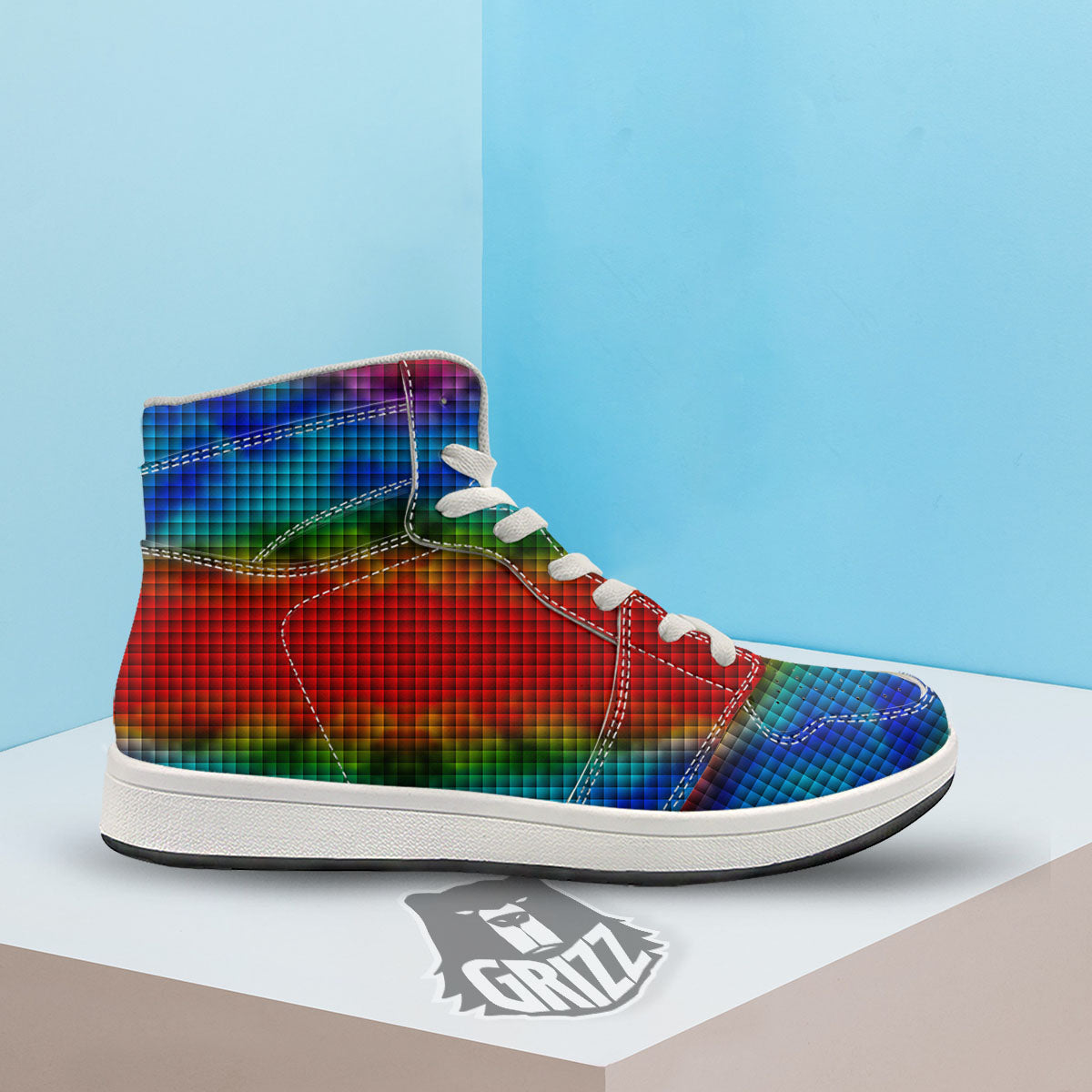 Squares Rainbow Print Pattern High Top Sneakers-grizzshop