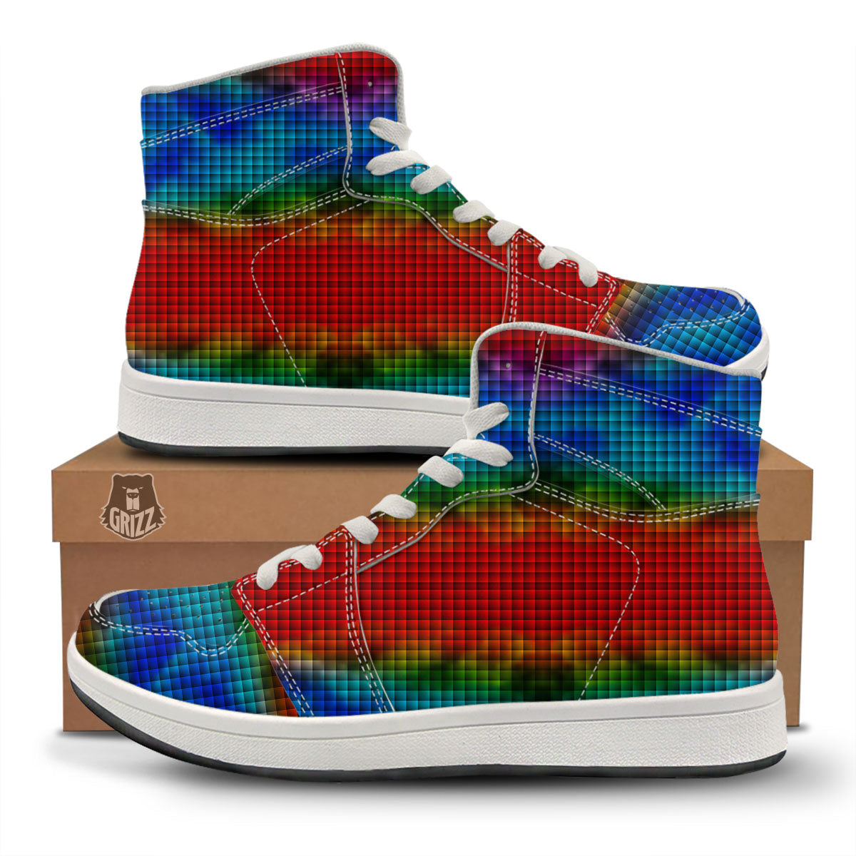 Squares Rainbow Print Pattern High Top Sneakers-grizzshop