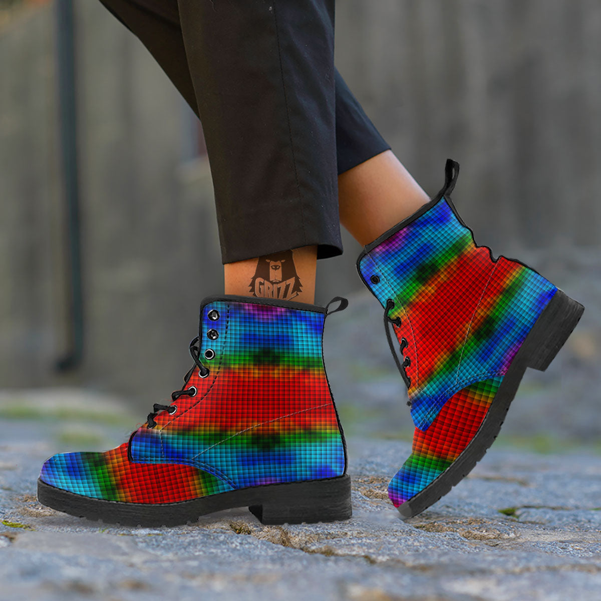 Squares Rainbow Print Pattern Leather Boots-grizzshop