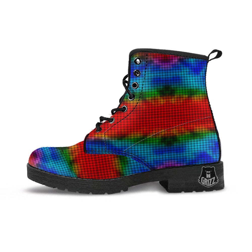 Squares Rainbow Print Pattern Leather Boots-grizzshop