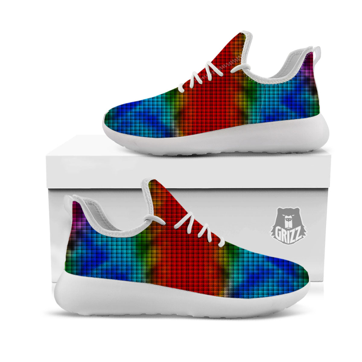 Squares Rainbow Print Pattern White Athletic Shoes-grizzshop