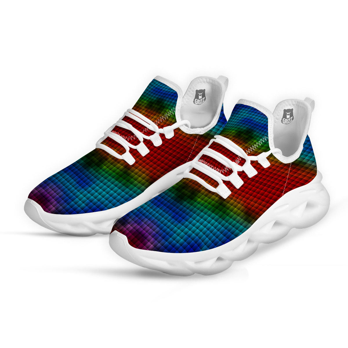 Squares Rainbow Print Pattern White Running Shoes-grizzshop