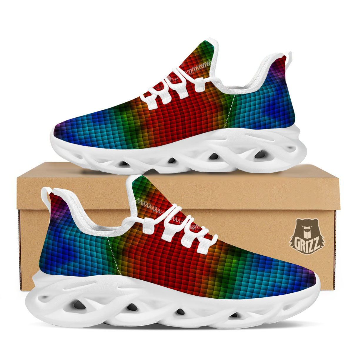 Squares Rainbow Print Pattern White Running Shoes-grizzshop