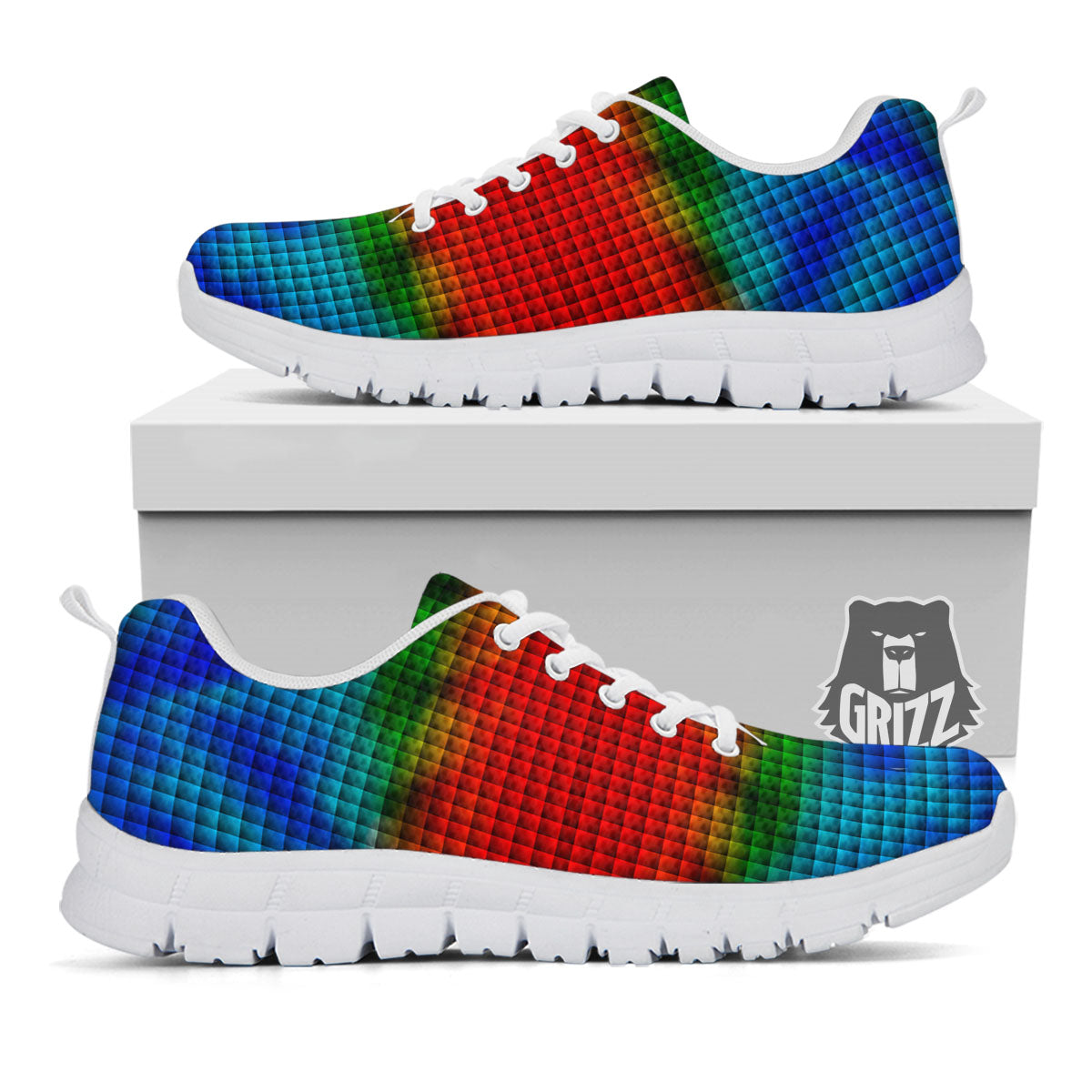 Squares Rainbow Print Pattern White Sneaker-grizzshop