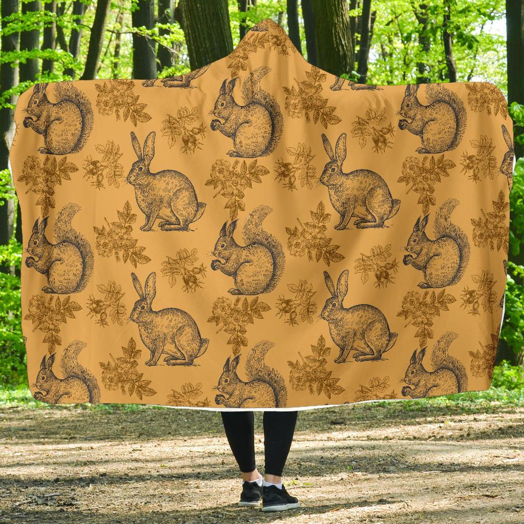 Squirrel Rabbit Pattern Print Hooded Blanket-grizzshop