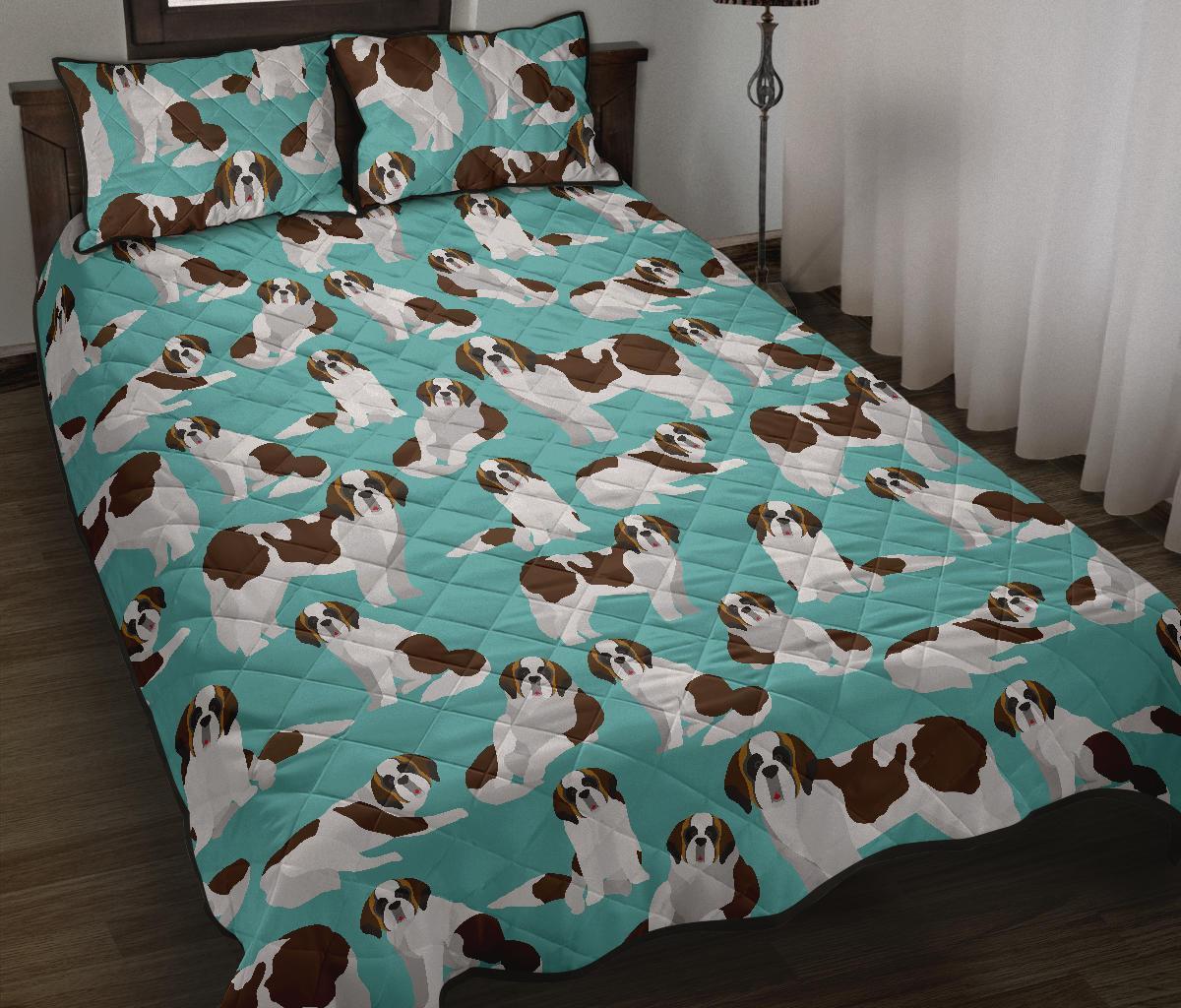 St Bernard Blue Pattern Print Bed Set Quilt-grizzshop