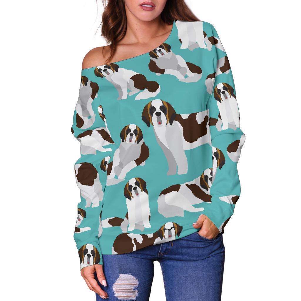 St Bernard Blue Pattern Print Women Off Shoulder Sweatshirt-grizzshop