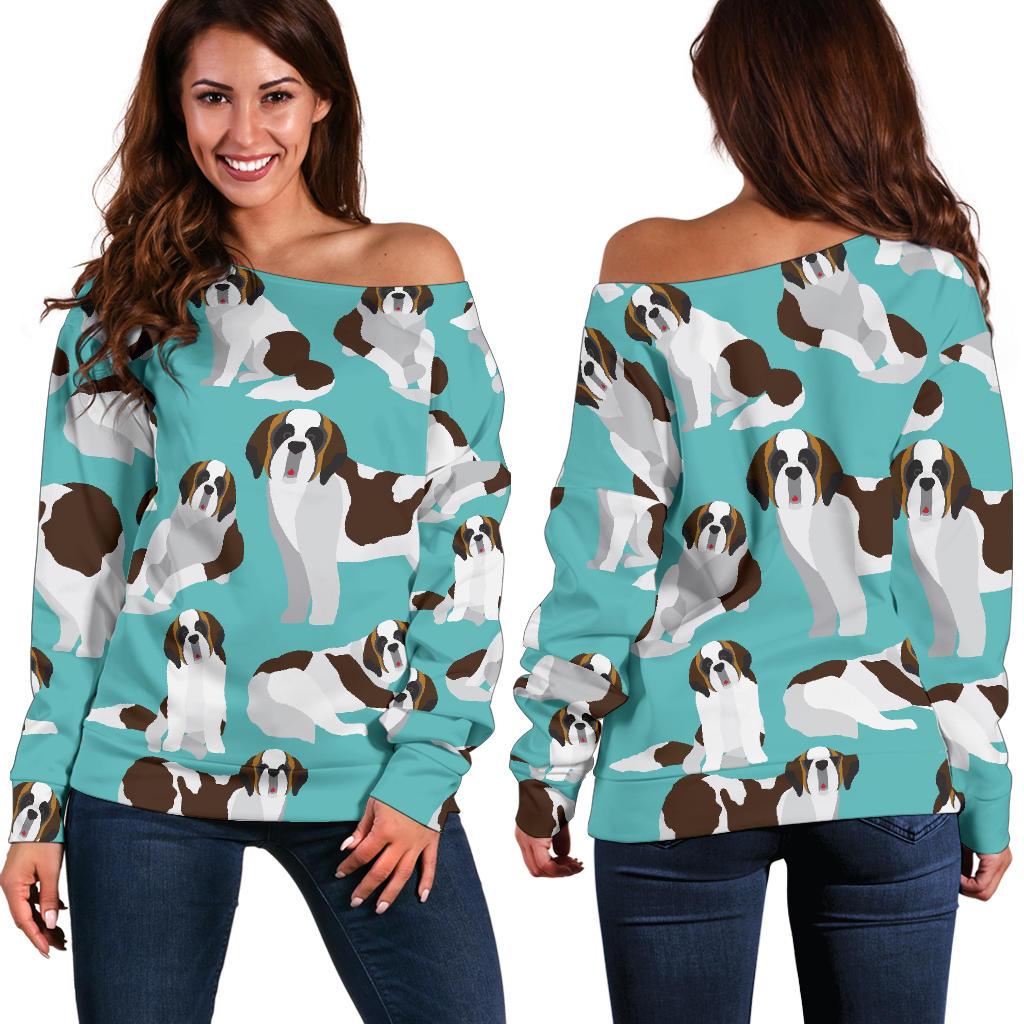 St Bernard Blue Pattern Print Women Off Shoulder Sweatshirt-grizzshop