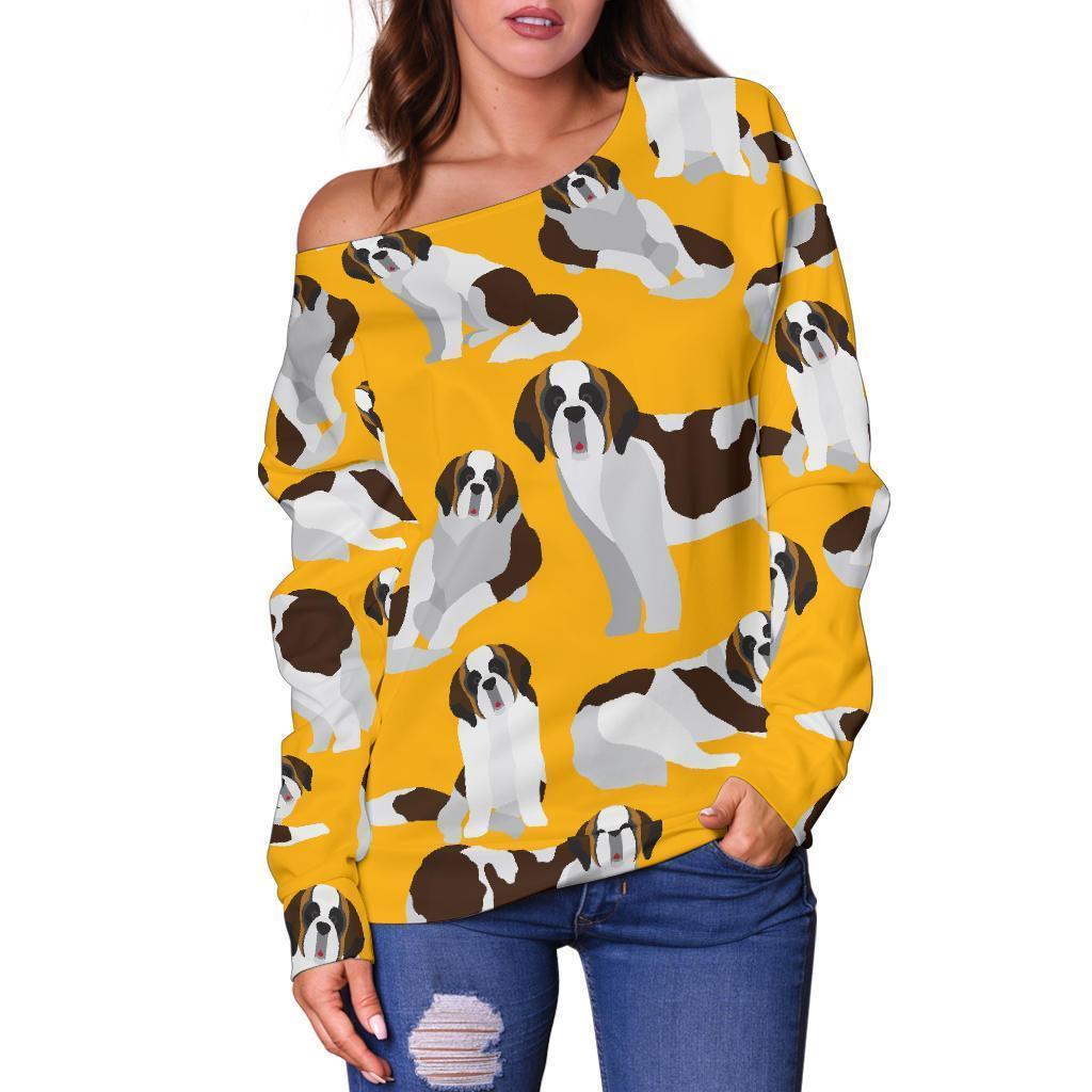 St Bernard Yellow Pattern Print Women Off Shoulder Sweatshirt-grizzshop