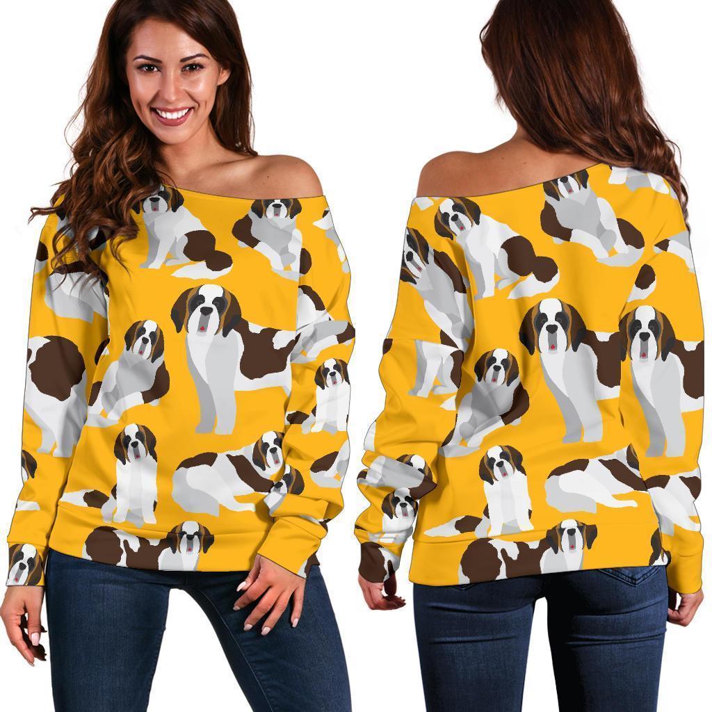 St Bernard Yellow Pattern Print Women Off Shoulder Sweatshirt-grizzshop