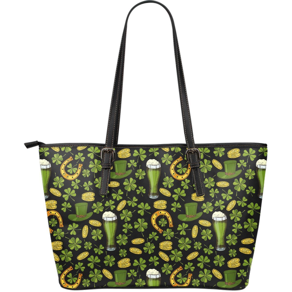 St Patrick's Day Leprechaun Beer Pattern Print Leather Tote Bag-grizzshop